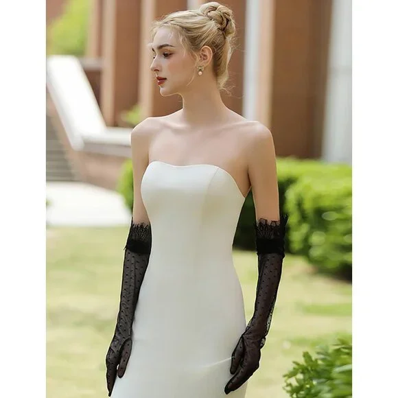 Women's Black Evening Long Lace Gothic Gloves Bridal Party Prom Costume - Picture 2 of 6